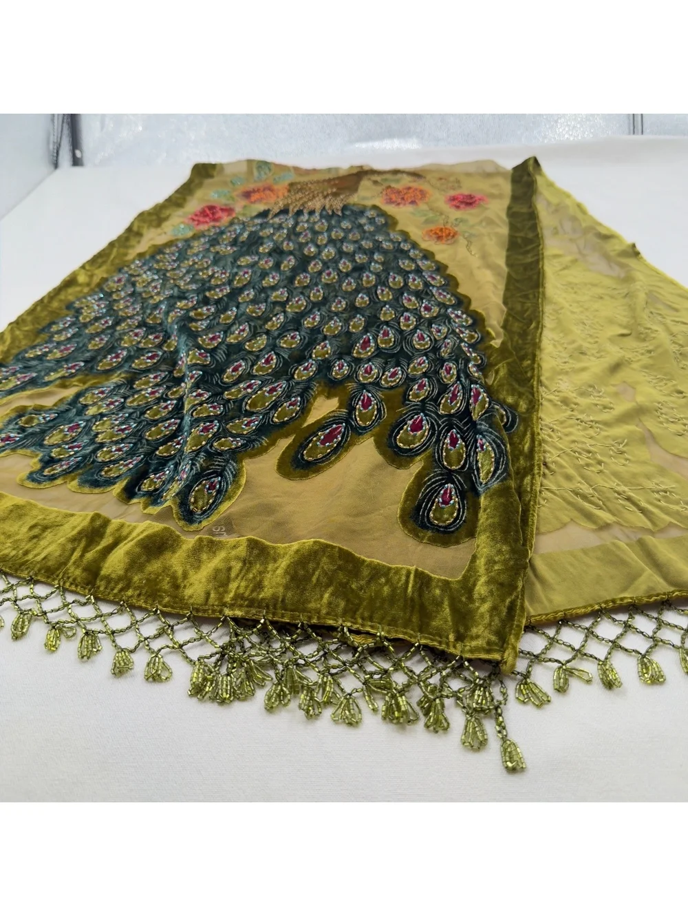 %100 SILK Vintage Beaded Velvet Peacock Scarf Wrap Shawl Olive Green Whimsigoth